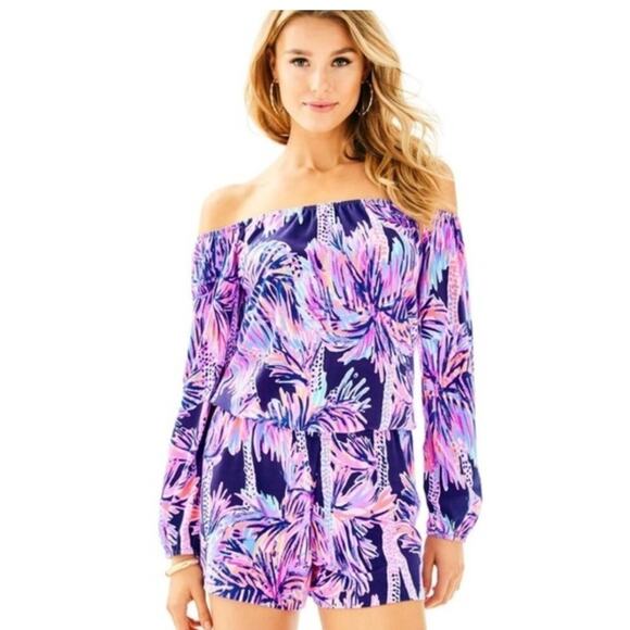 LILLY PULITZER Lana Off The Shoulder Romper In Bright Navy Palms Up Small Beach - Picture 1 of 6